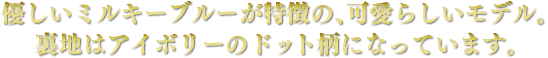 優しいミルキーブルーが特徴の、可愛らしいモデル。裏地はアイボリーのドット柄になっています。